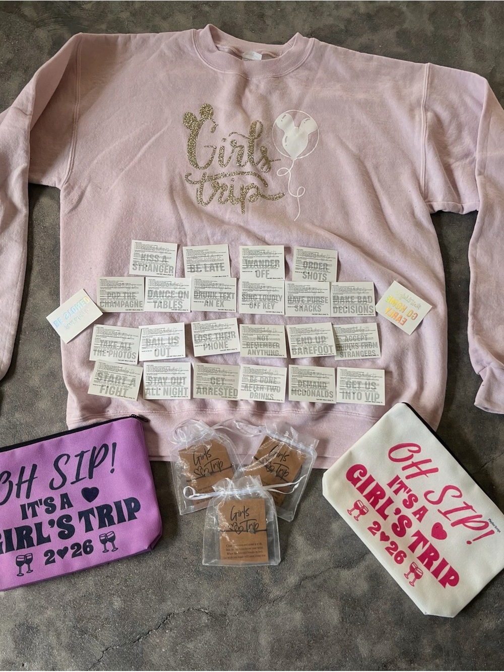 “Girl’s Trip” bundle: Sweatshirt, makeup bags, bracelets & temporary tattoos